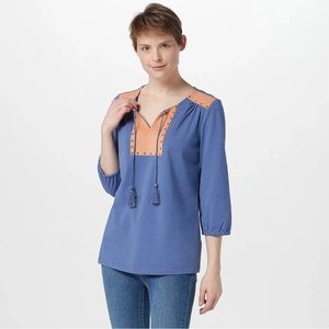 Haute Hippie Tribe Tunic Blue Long Sleeve Faux Leather studded accents SZ S New